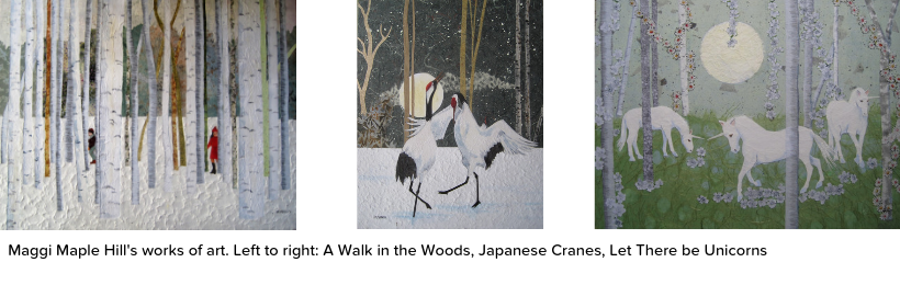 Maggi Maple Hills works of art, Left to right: A Walk in the Woods, Japanese Cranes, Let There be Unicorns