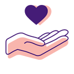 Pink hand holding a purple heart icon