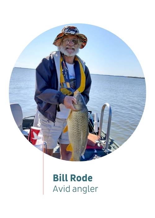 Person in a boat holding a large fish, text reads: Bill Rode, avid angler