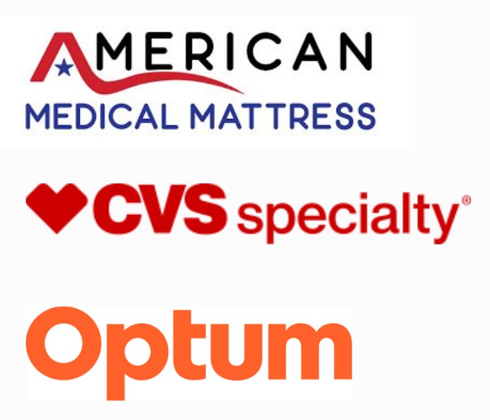 Logos for American Medical Mattress, CVS Specialty, and Optum