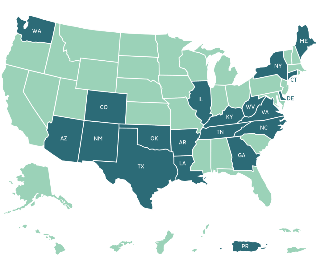 Map of the United States and territories with states highlighted where legislation has passed