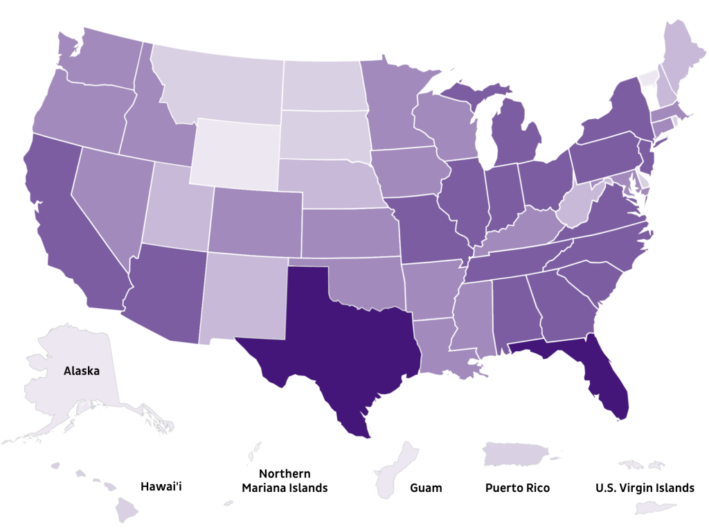 US and territories map showing each state in a color gradient representing number of patients served in 2022