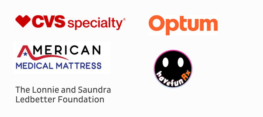 Logos from sponsors: CVS Specialty, Optum, American Medical Mattress, the Ledbetter Foundation, and Have fun rx