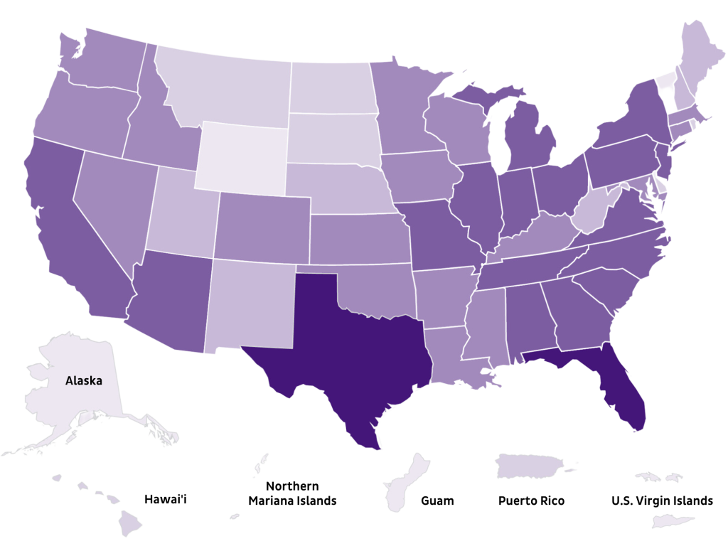 Map of the United States and territories with gradient colors to reflect our national reach