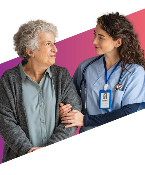 senior woman linked arms with a healthcare professional caregiver