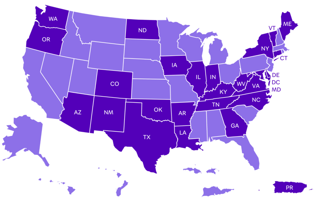 Map of the US illustrating the list of states and territories where copay bans have passed