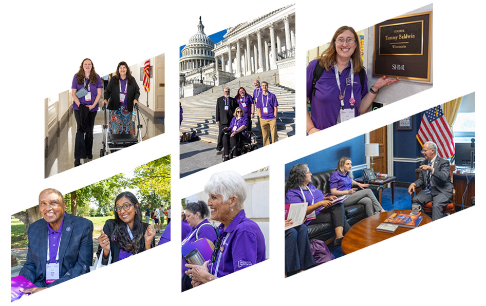 Collage of images: people in the PAN advocacy summit group, many wearing PAN branded purple polos, posing in exterior and interior shots at the US capitol