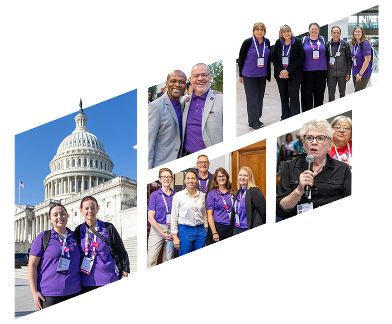 Collage of images: people in the PAN advocacy summit group, many wearing PAN branded purple polos, posing in exterior and interior shots at the US capitol