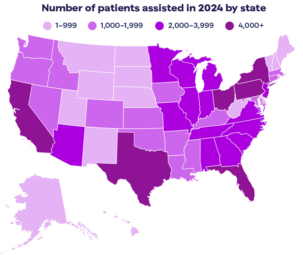 map of the US showing patients assisted by state