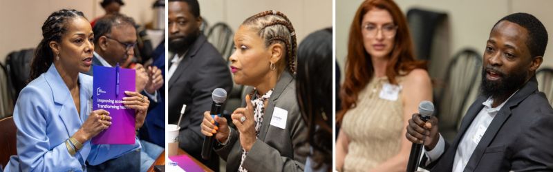 Collage of photos taken of people talking into mics at the roundtable