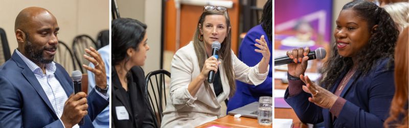 Collage of photos taken of people talking into mics at the roundtable